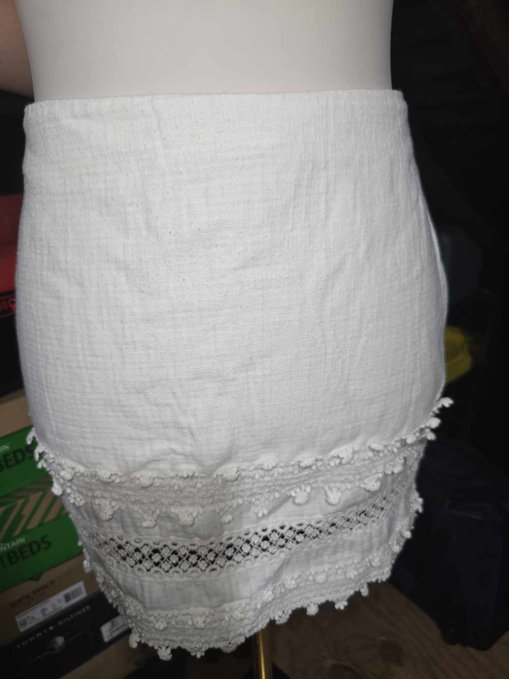 H&M White Cotton Mini Skirt with Crochet & Pom Trim